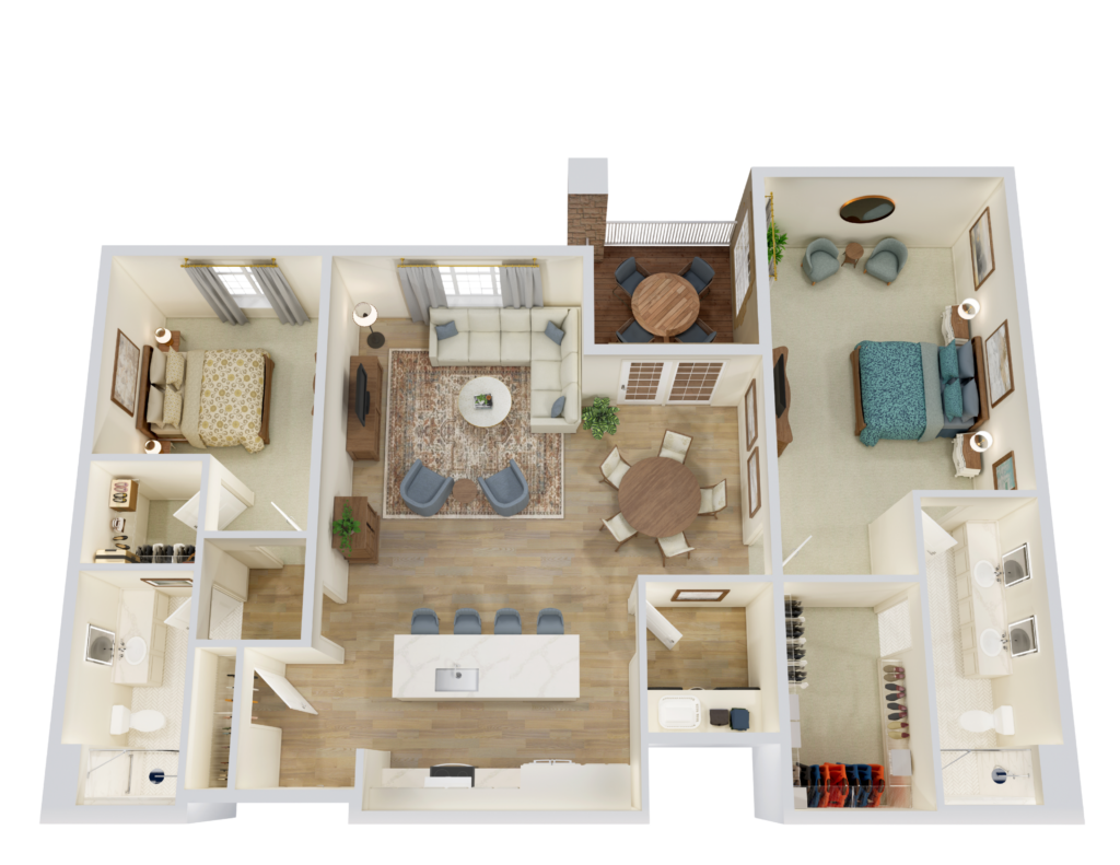 Top-down 3D floor plan of an apartment showing living room, dining area, kitchen island, two bedrooms, bathrooms, and a balcony with outdoor seating.